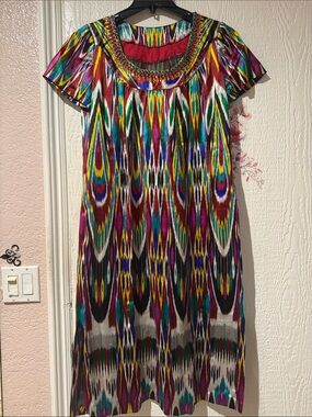 Vibrant Multicolor Ikat Maxi Dress white pants